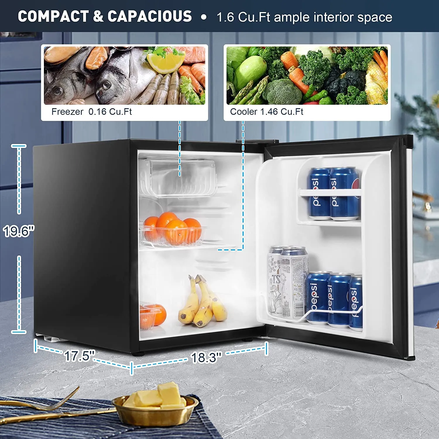 E-Macht 1.6 Cu.Ft. Mini Fridge with Freezer & Adjustable Thermostat, Single Door Compact Refrigerator for Dorm, Office, Bedroom
