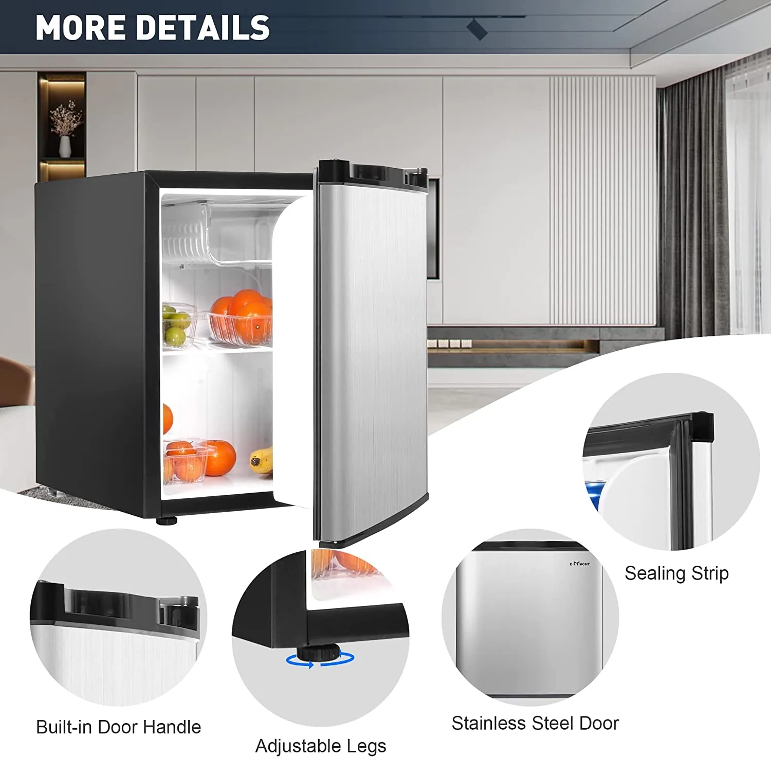 E-Macht 1.6 Cu.Ft. Mini Fridge with Freezer & Adjustable Thermostat, Single Door Compact Refrigerator for Dorm, Office, Bedroom