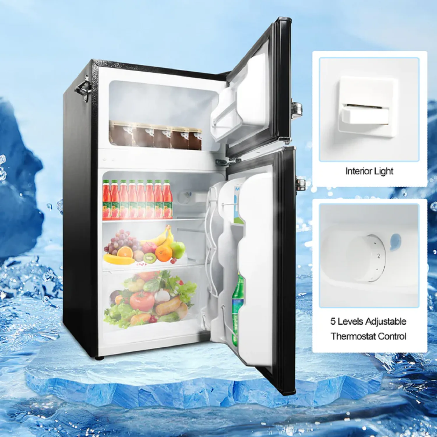 E-Macht Black Double Door Refrigerator, 3.2 Cu. Ft. Small Refrigerator, Adjustable Thermostat Control