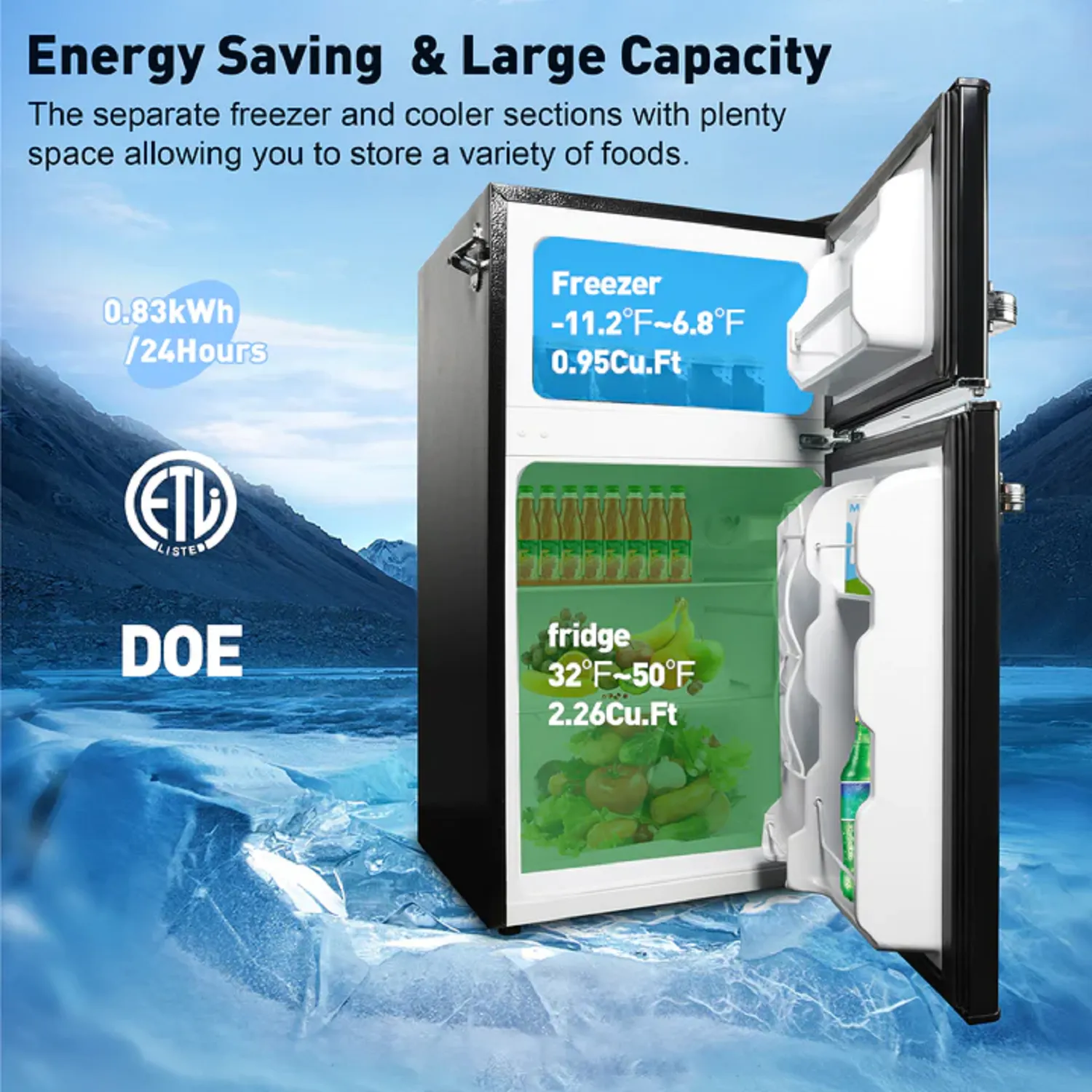 E-Macht Black Double Door Refrigerator, 3.2 Cu. Ft. Small Refrigerator, Adjustable Thermostat Control