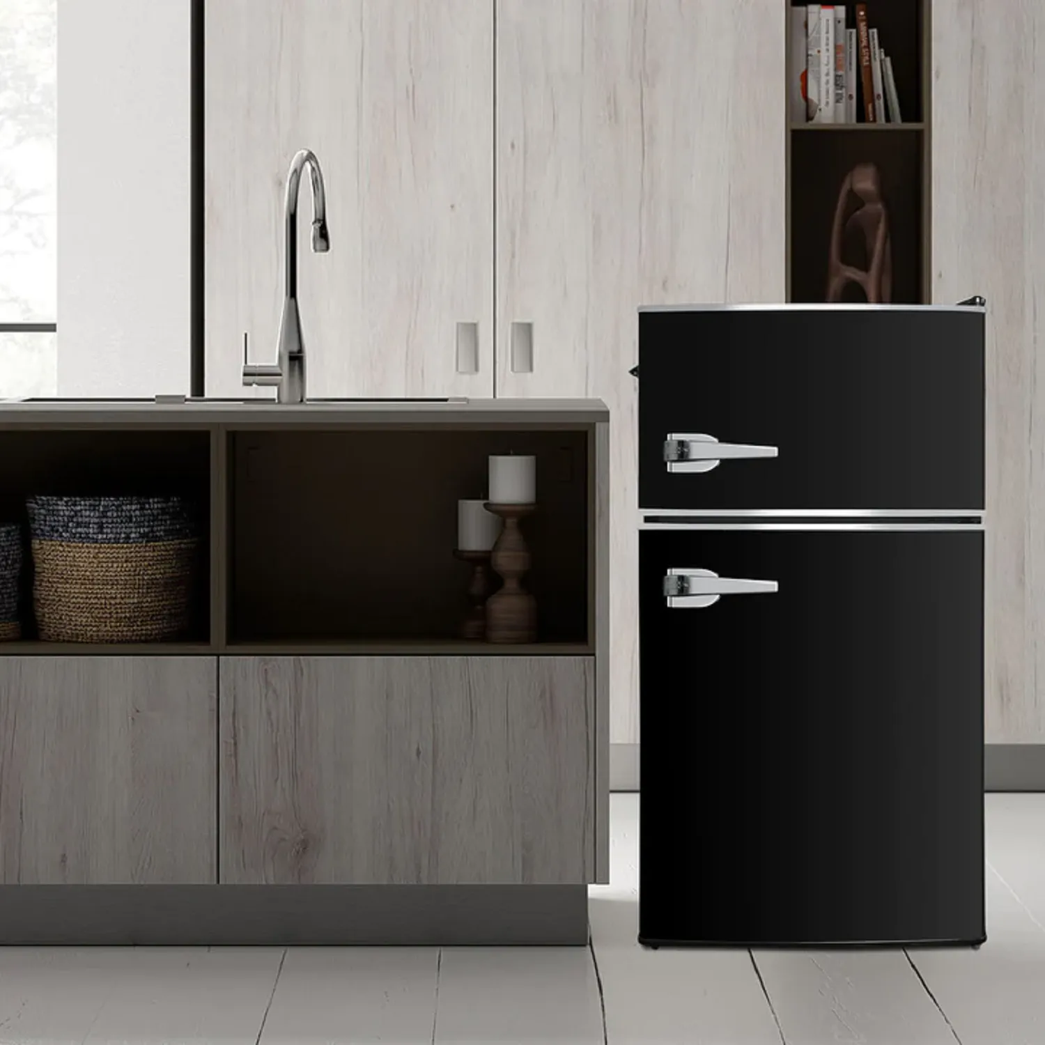 E-Macht Black Double Door Refrigerator, 3.2 Cu. Ft. Small Refrigerator, Adjustable Thermostat Control