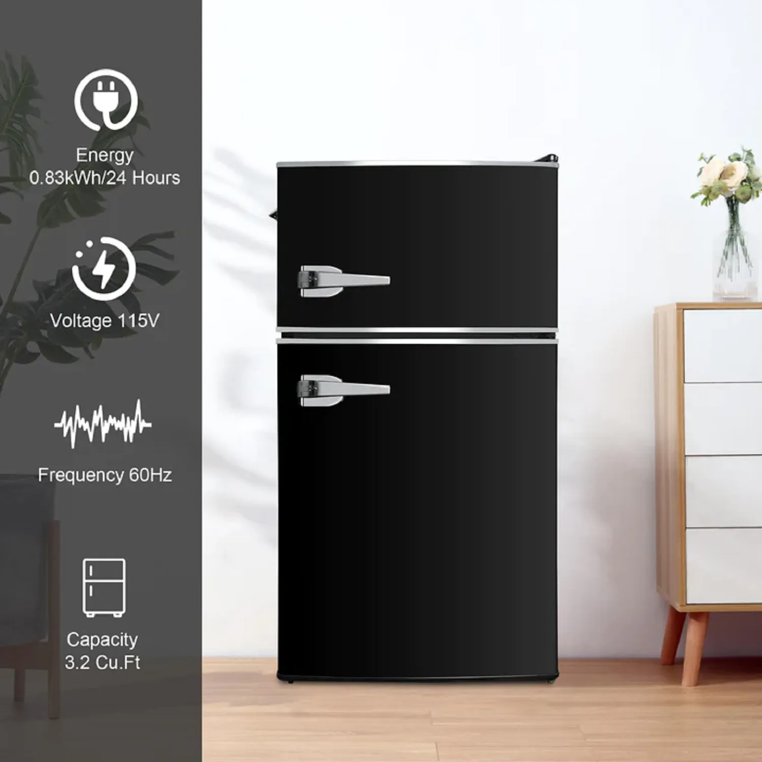 E-Macht Black Double Door Refrigerator, 3.2 Cu. Ft. Small Refrigerator, Adjustable Thermostat Control