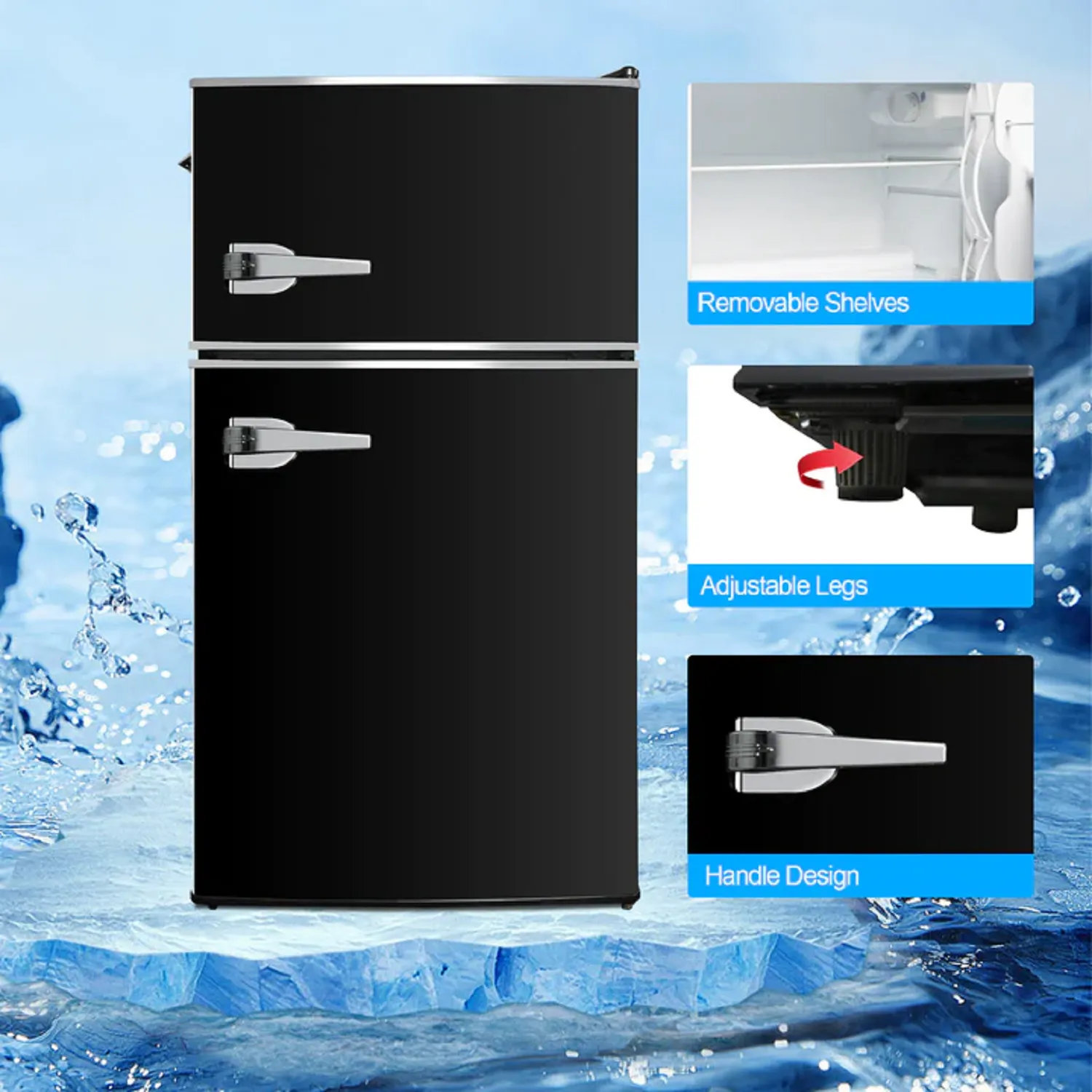 E-Macht Black Double Door Refrigerator, 3.2 Cu. Ft. Small Refrigerator, Adjustable Thermostat Control