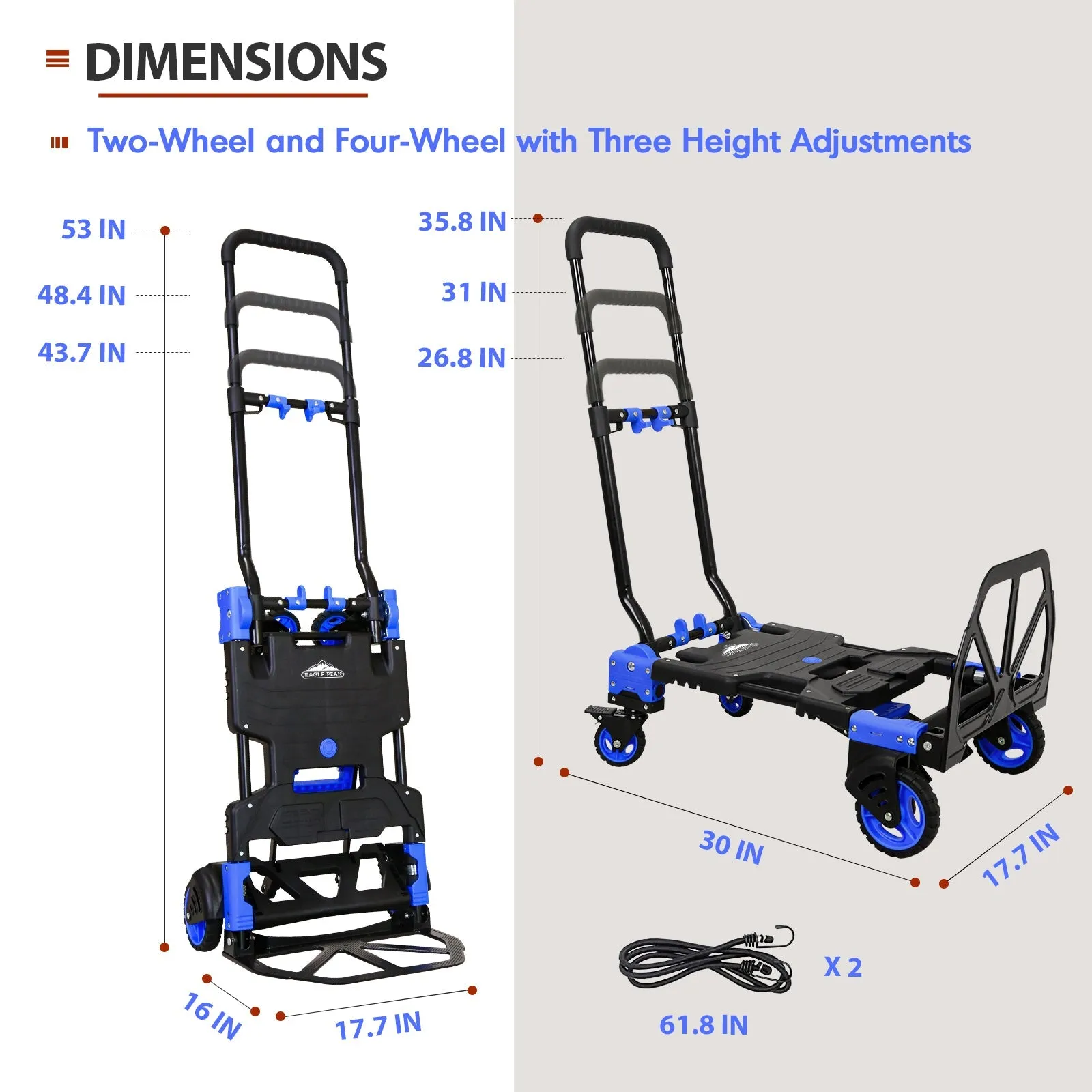EAGLE PEAK Folding Dolly Cart 330 lb Capacity with Bungee Cords, Multi-Position for Luggage/Travel/Move/Transportation