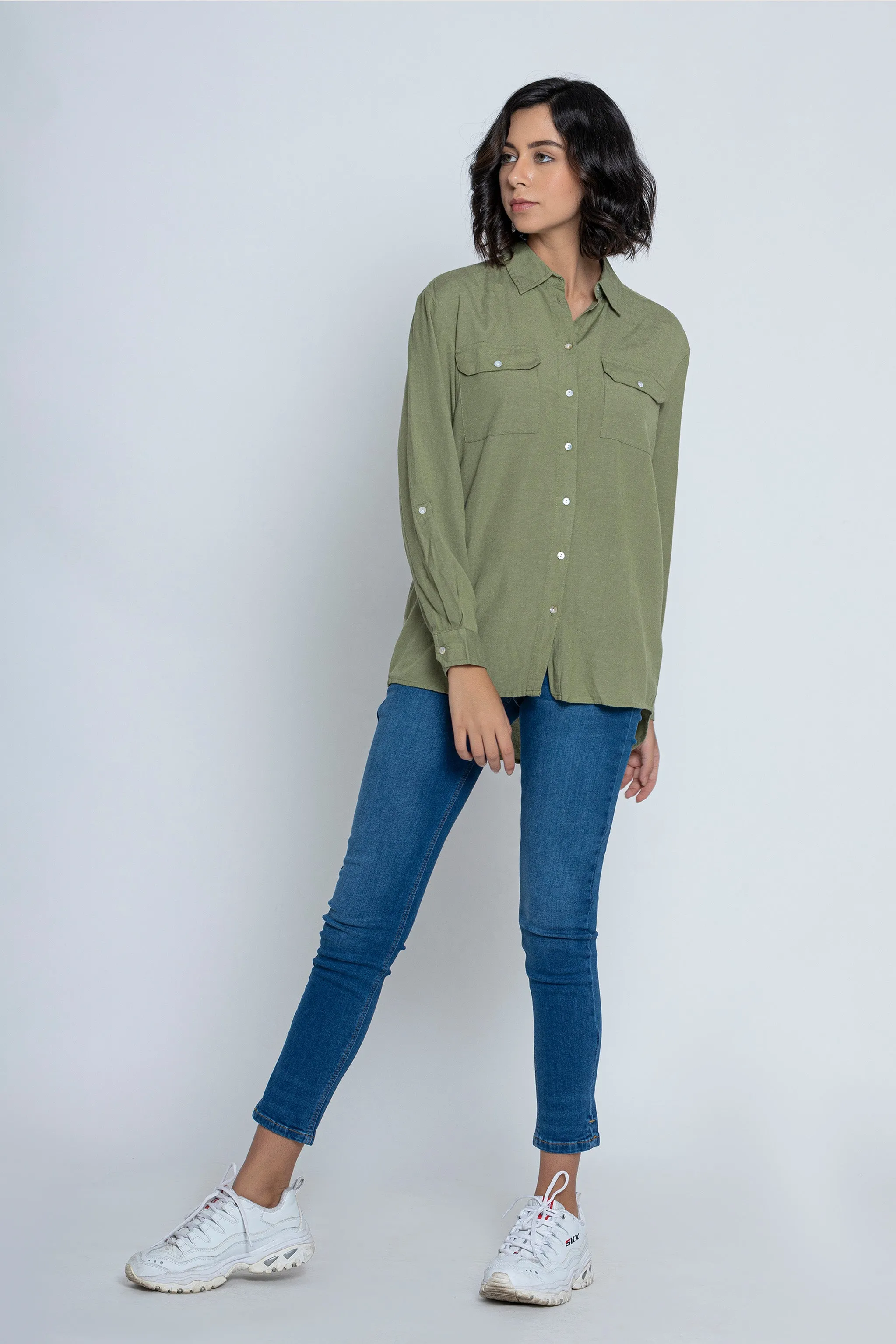 Green Roll-Up Sleeves Shirt