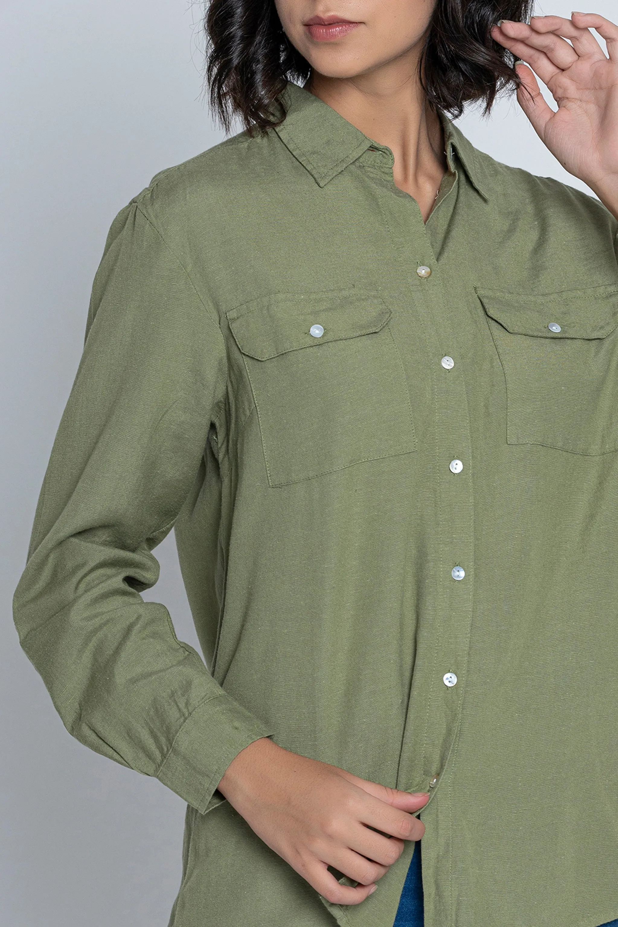 Green Roll-Up Sleeves Shirt