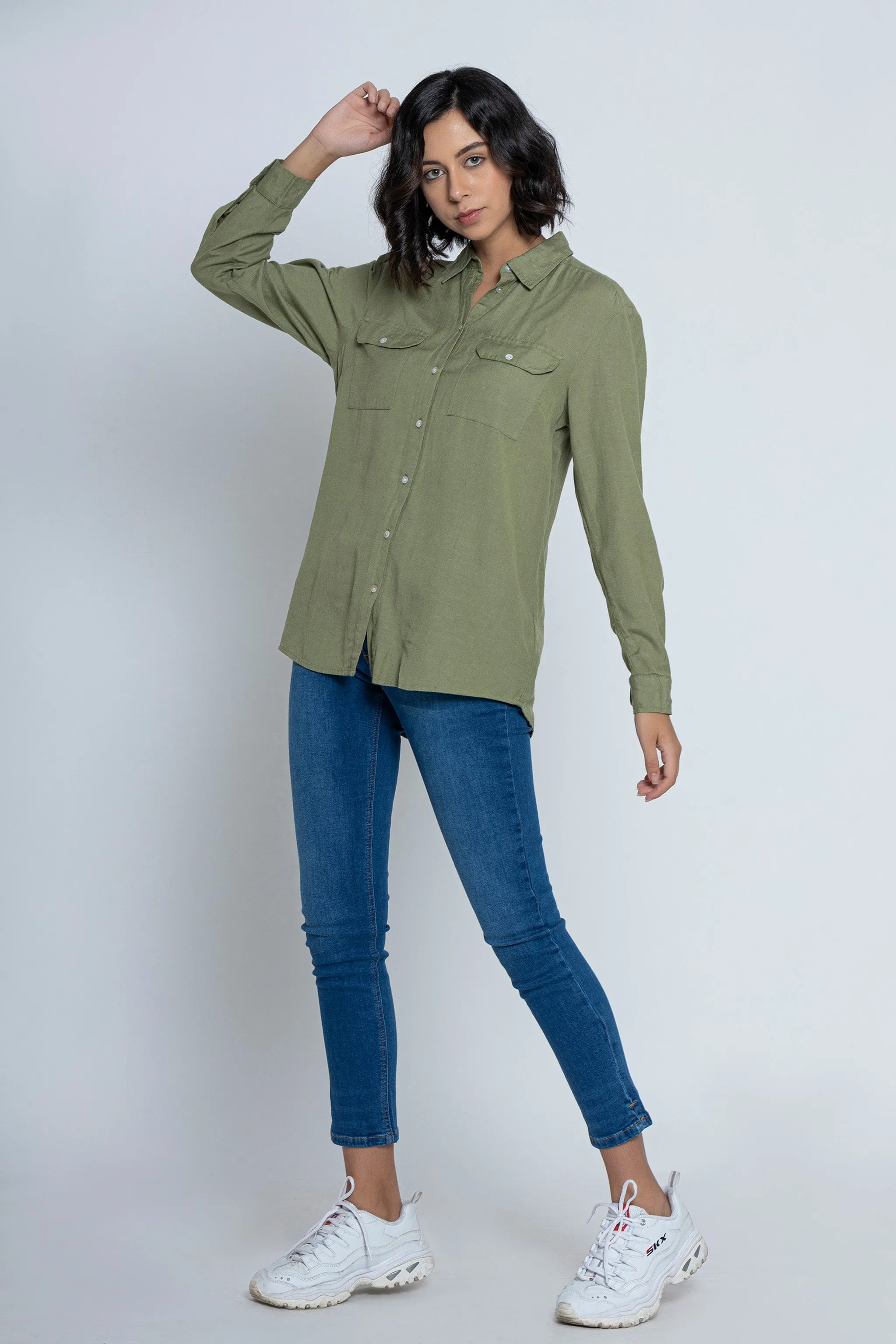 Green Roll-Up Sleeves Shirt