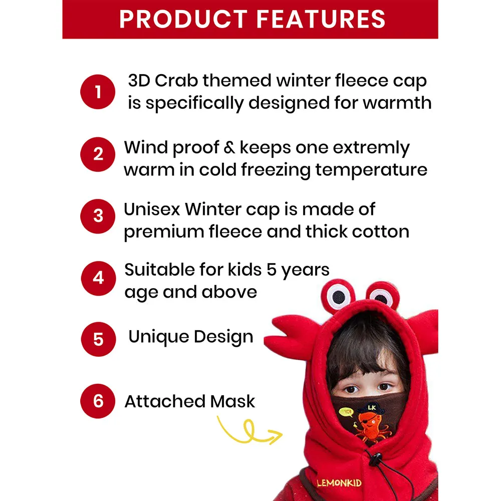 Little Surprise Box  3dCrab Theme  Fleece Winter Cap Covering Mouth, Neck And Head For Minus Degree Temperature, 5 Yrs And Above