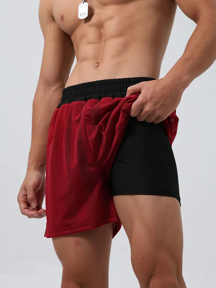Men's Mesh-Lined Double-Layer Sports Fitness Breathable Sweat-Wicking Quick-Dry Shorts