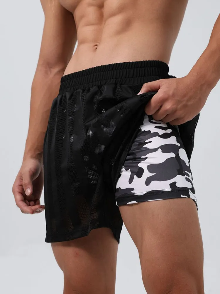 Men's Mesh-Lined Double-Layer Sports Fitness Breathable Sweat-Wicking Quick-Dry Shorts