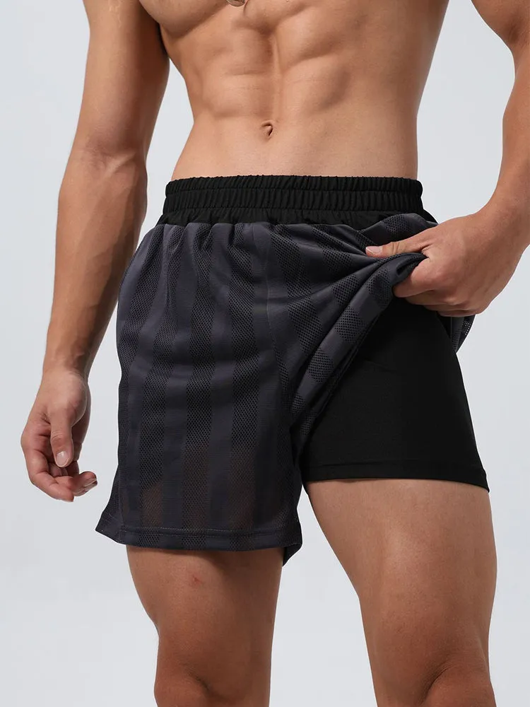Men's Mesh-Lined Double-Layer Sports Fitness Breathable Sweat-Wicking Quick-Dry Shorts
