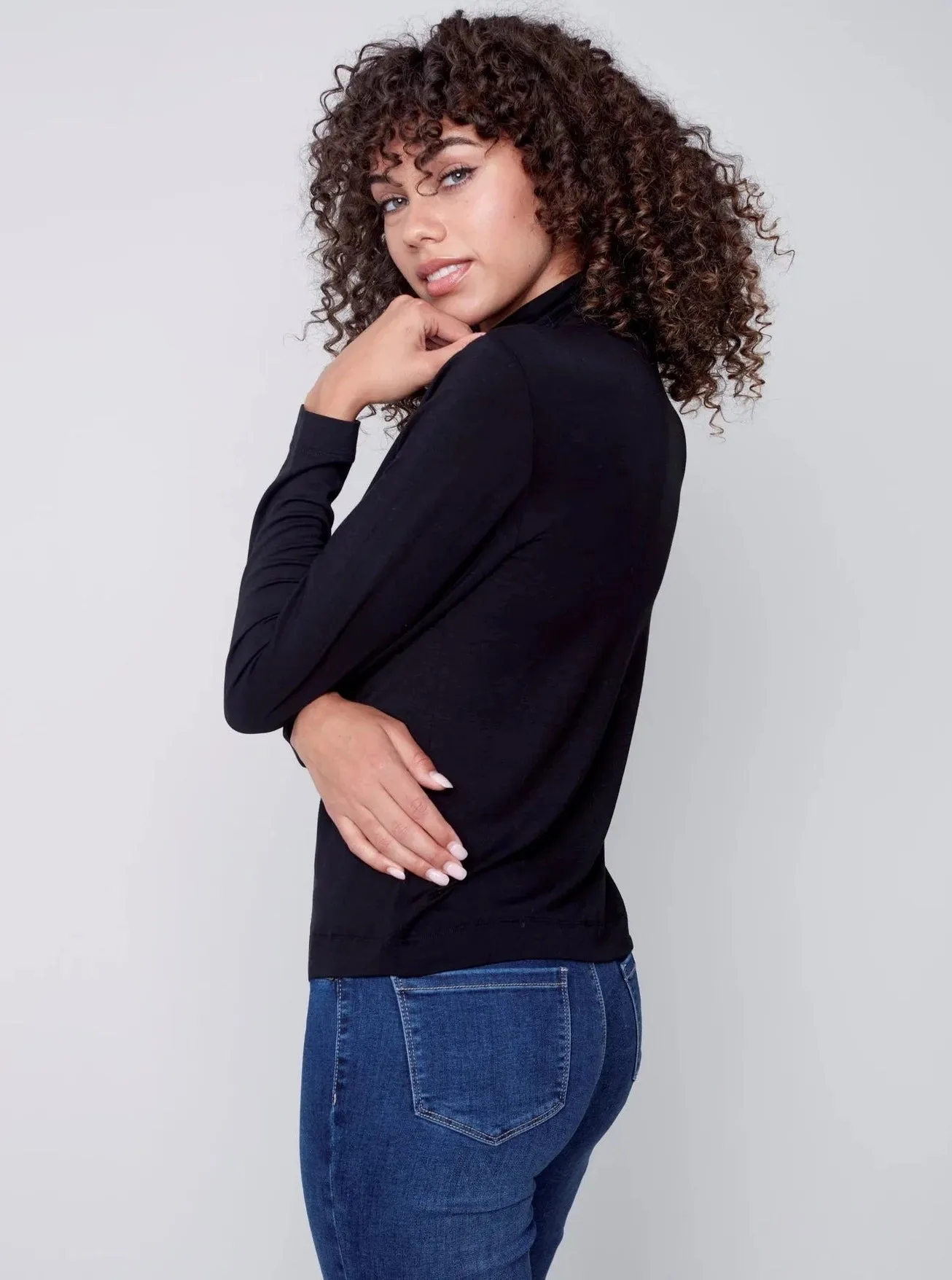 Mock Neck Long Sleeve Top [Black-C1348]