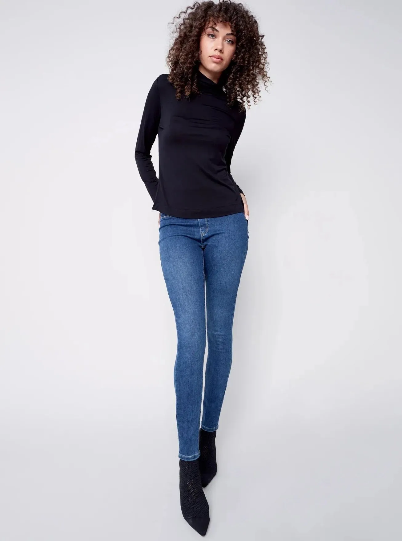 Mock Neck Long Sleeve Top [Black-C1348]