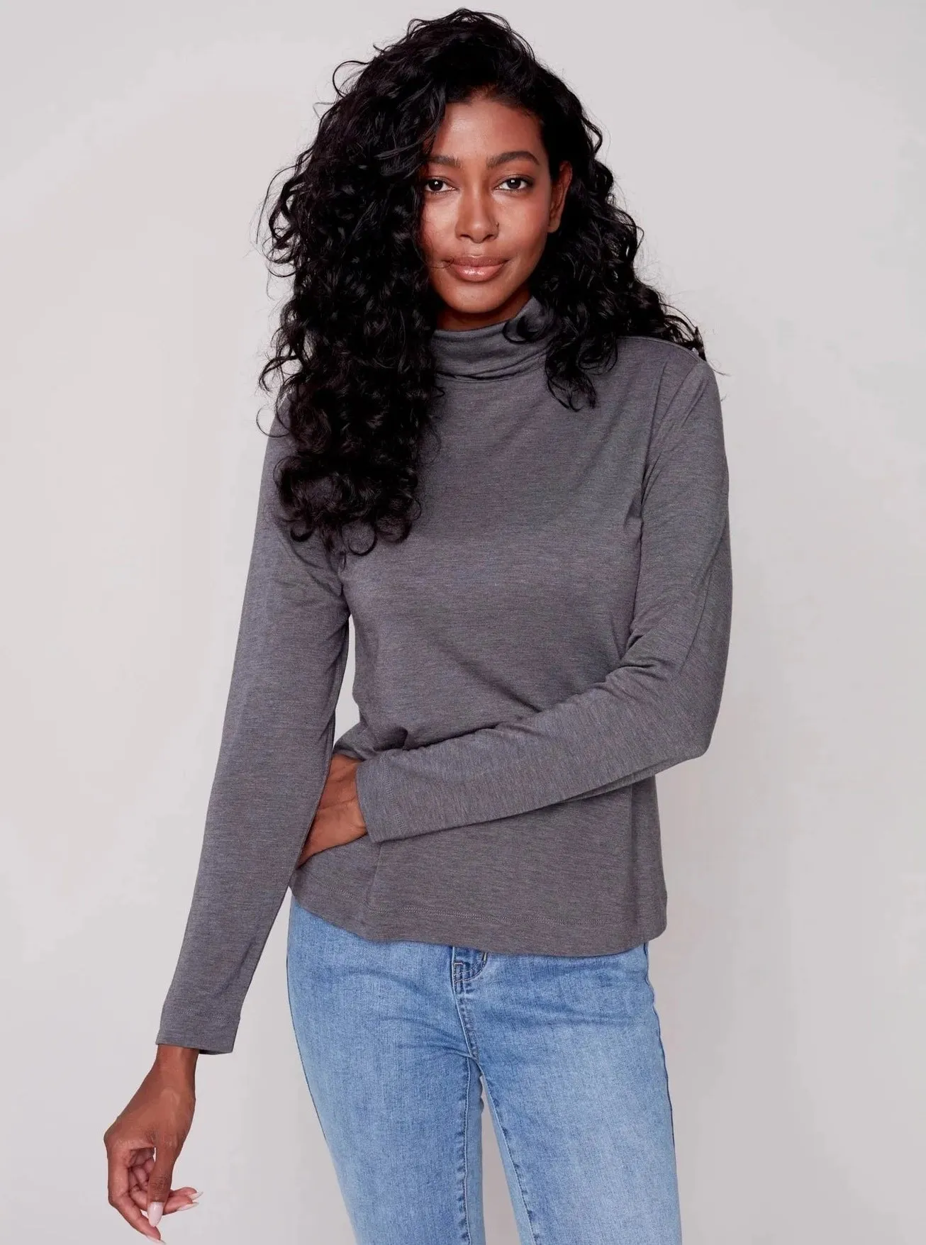 Mock Neck Long Sleeve Top [H Charcoal-C1348]